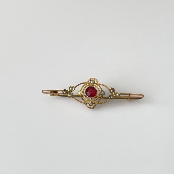 Vintage Antique 10k Yellow Gold Seed Pearl Ruby-Tone Red Glass Bar Brooch Pin - Picture 5 of 6
